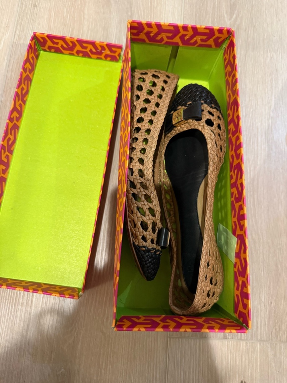 Woven Pointed Toe Ballet Flats - Tan and Black